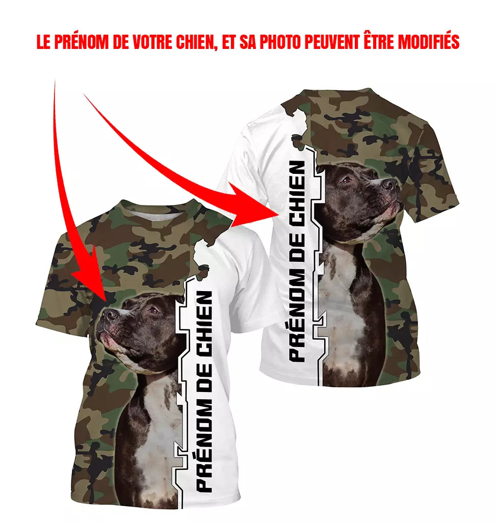 T-shirt chien Staffordshire Bull Terrier all-over camouflage forêt vert brun motif Staffie bringé photo prénom personnalisés