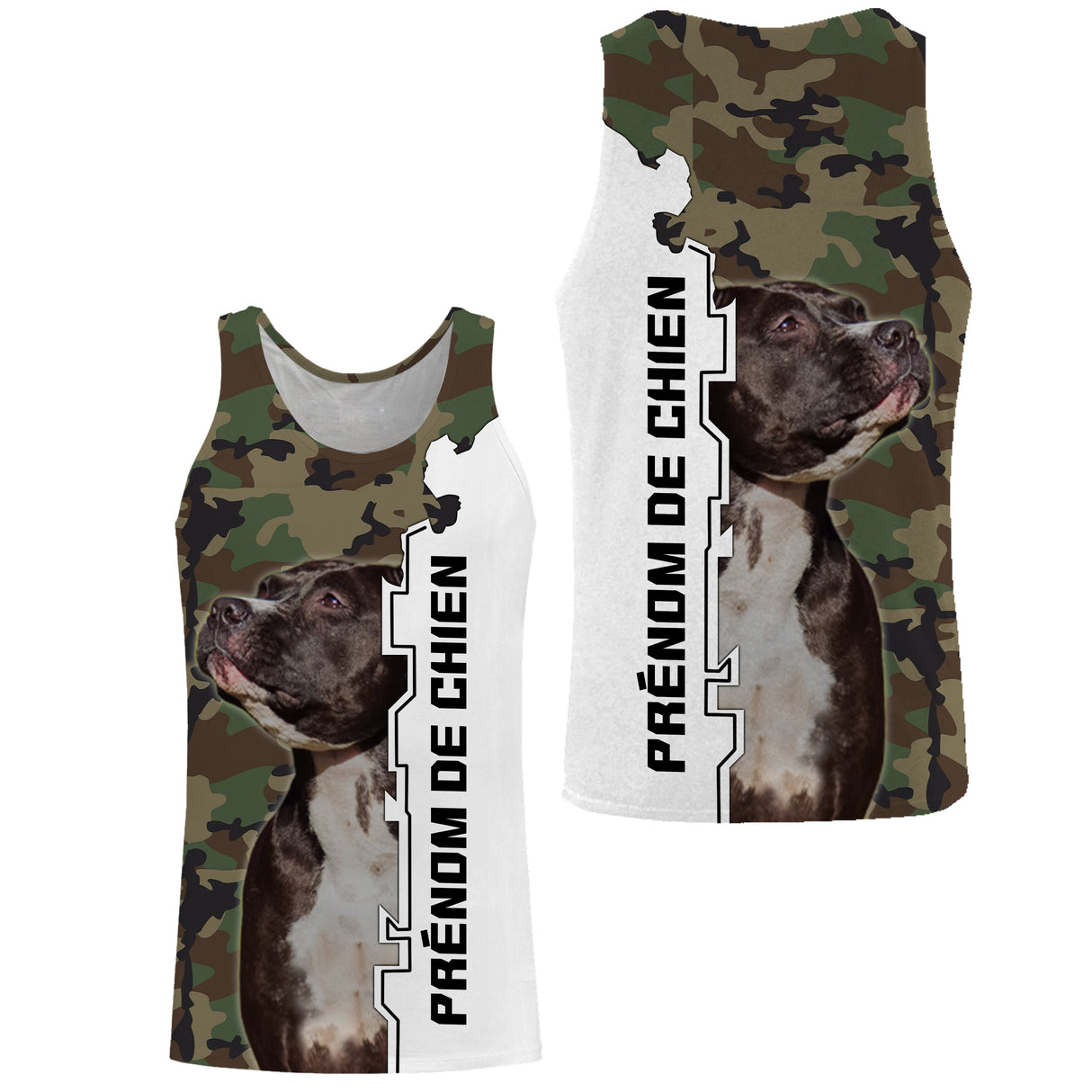T-shirt Staffie camouflage motif chien Staffordshire Bull Terrier bringé photo prénom personnalisés maître cynophile