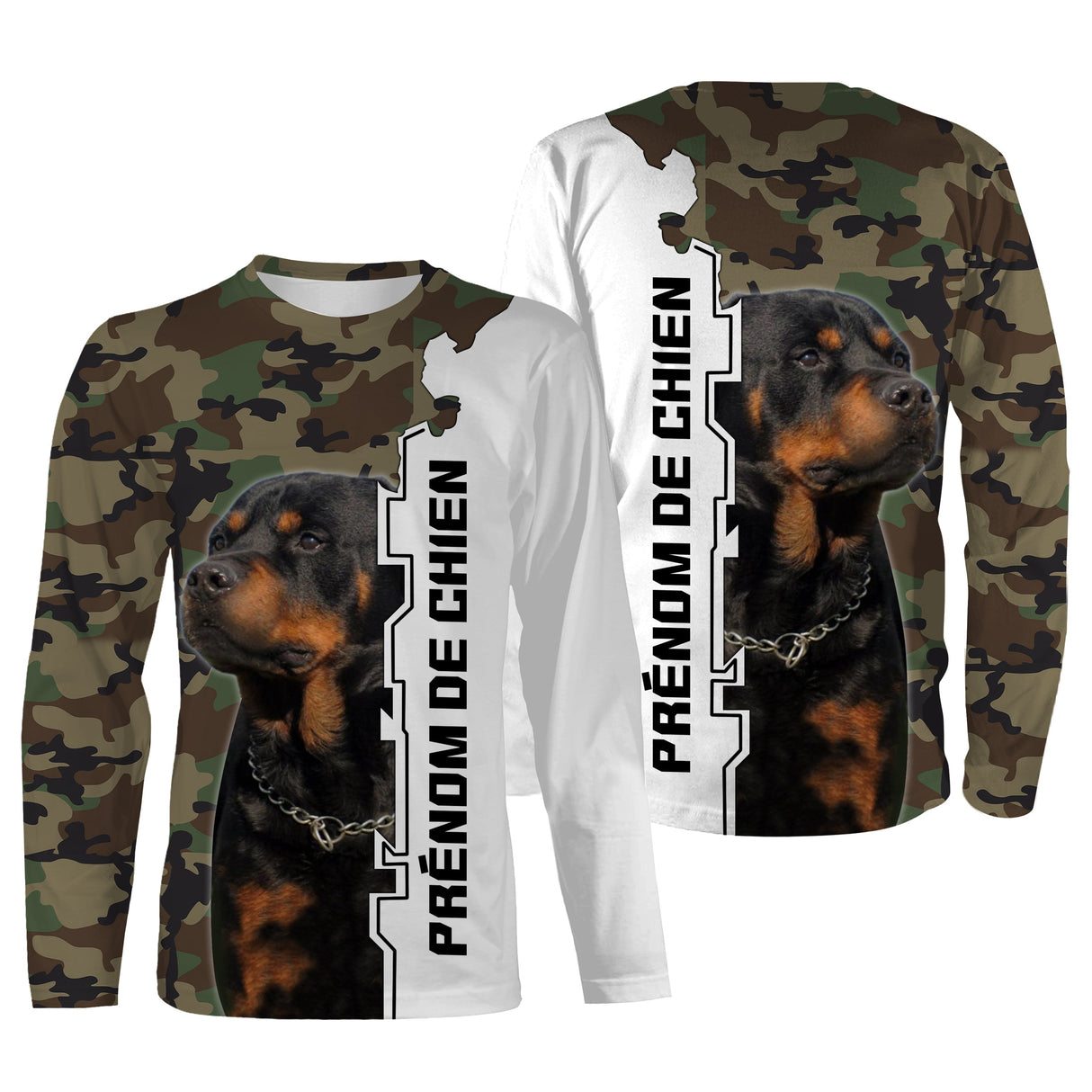 Sweat capuche chien Rottweiler all-over camouflage forêt motif chien noir feu photo prénom personnalisés cynophile