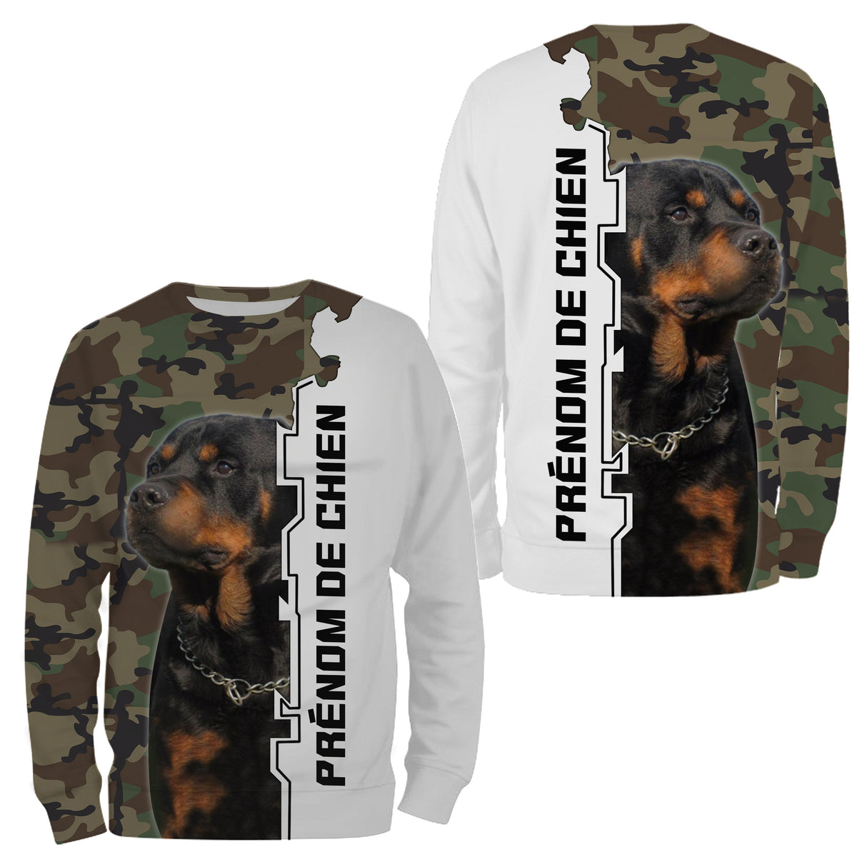 Hoodie Rottweiler all-over camouflage vert brun motif chien massif noir feu photo prénom personnalisés maître