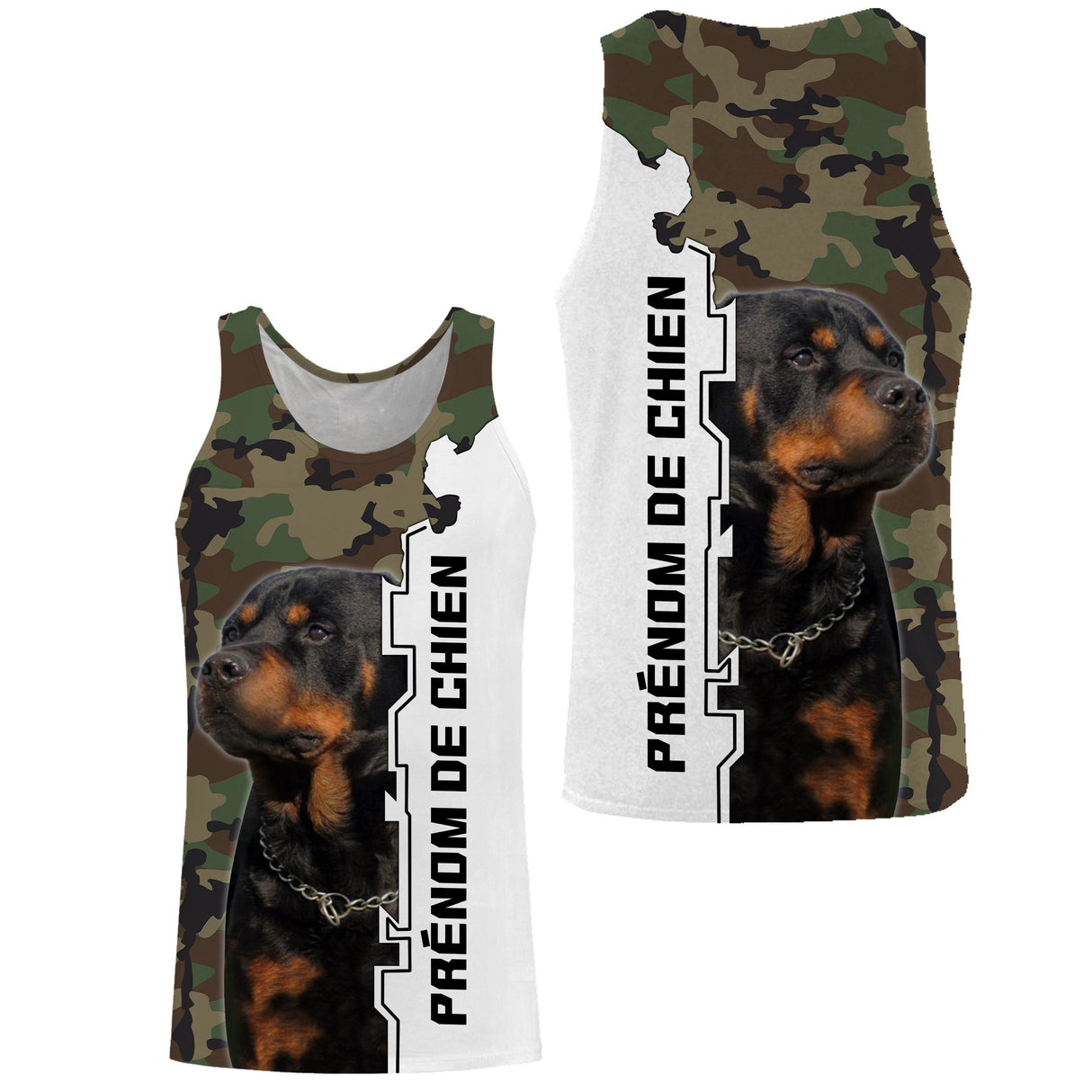 Sweat zippé Rottweiler all-over camouflage forêt motif chien noir feu photo prénom personnalisés maître cynophile