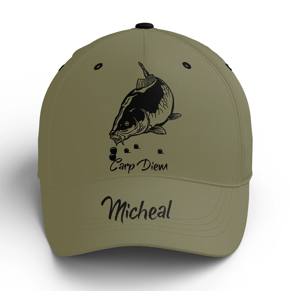 Casquette pêche carpe vert kaki Carpy Diem humour prénom broderie côté carpiste personnalisée