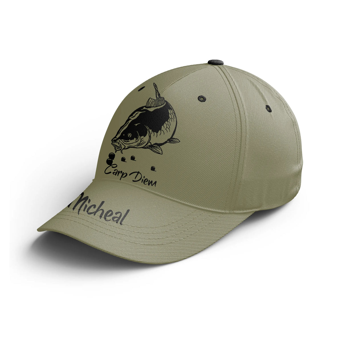 Casquette pêche carpe kaki Carpy Diem carpe stylisée saut prénom côté broderie carpiste personnalisée