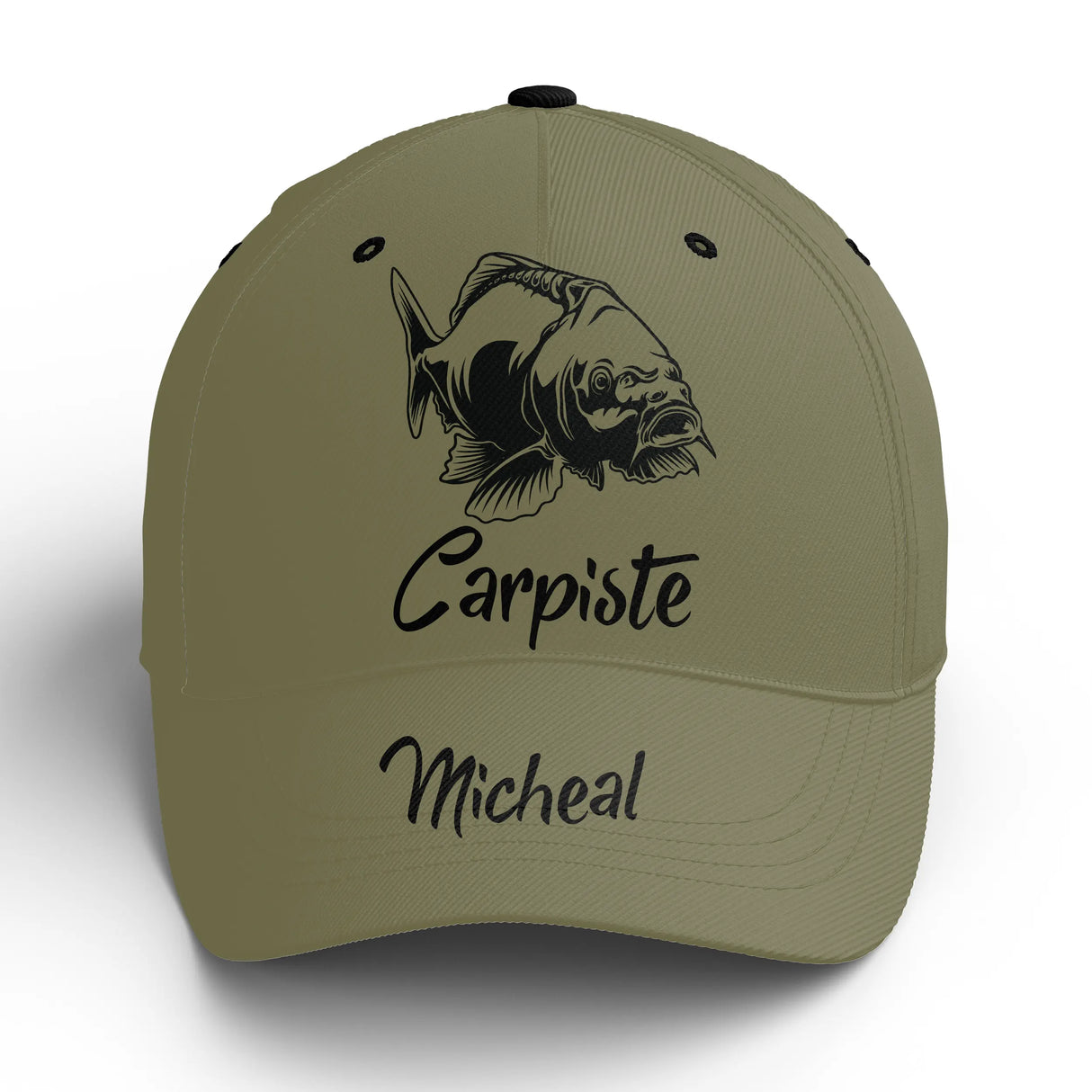 Casquette pêche carpe vert kaki Carpiste prénom broderie côté pêcheur étang personnalisée
