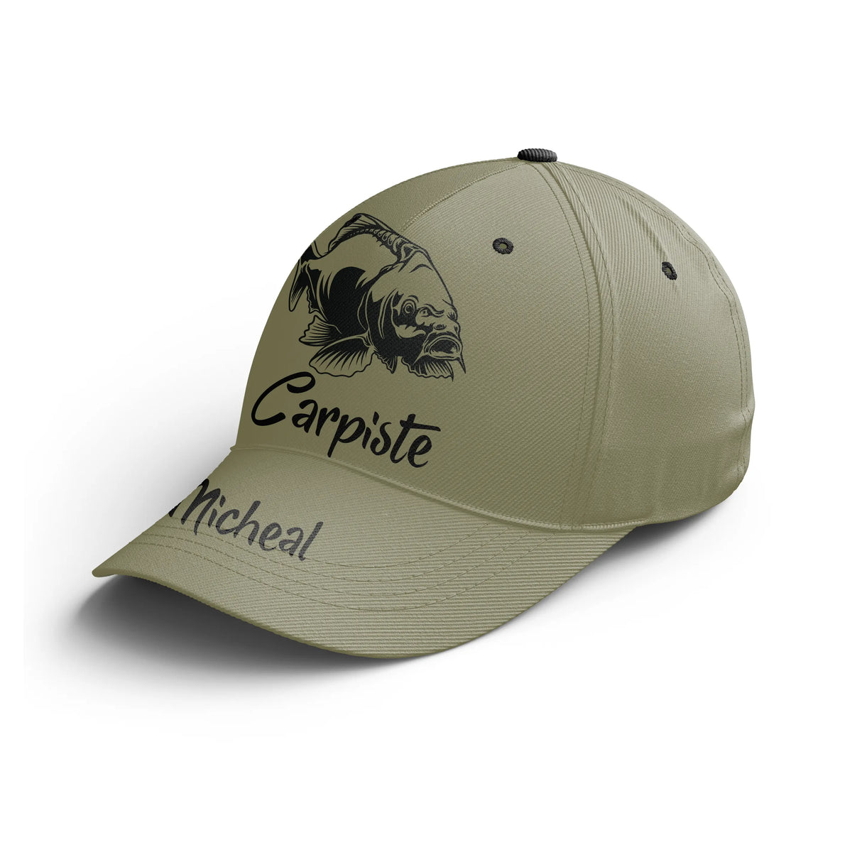 Casquette pêche carpe kaki Carpiste carpe stylisée saut prénom côté broderie pêcheur eau douce personnalisée