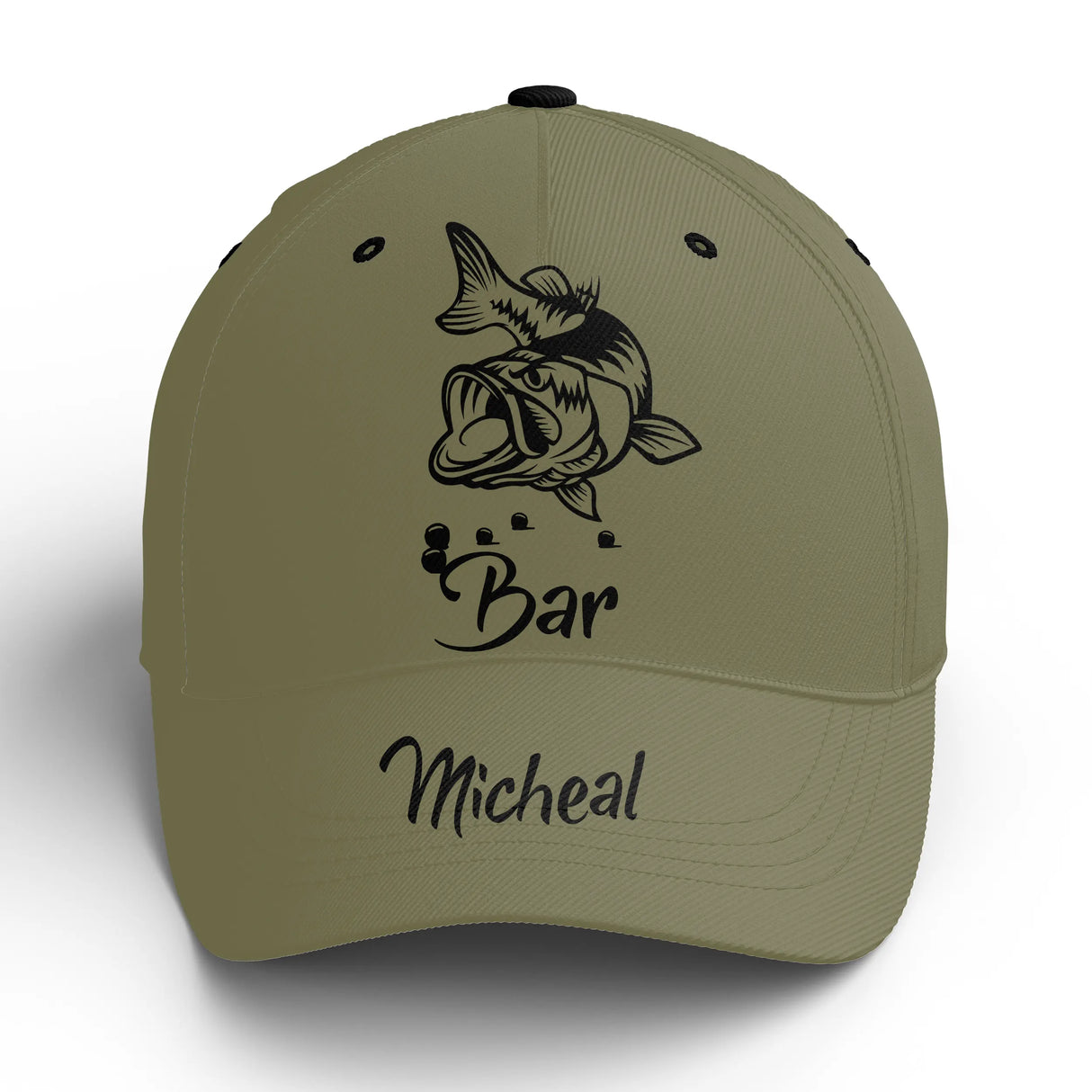 Casquette pêche bar vert kaki bar stylisé prénom broderie côté pêcheur surfcasting personnalisée