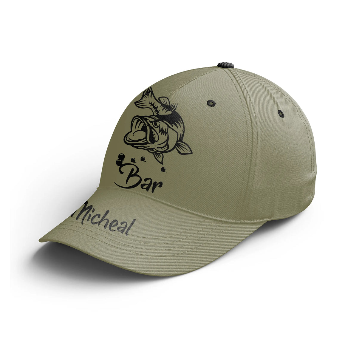 Casquette pêche bar kaki bar stylisé prénom côté broderie pêcheur côtier mer carnassier personnalisée