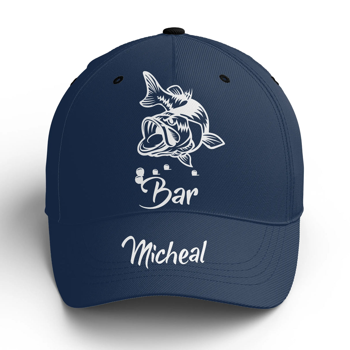 Casquette pêche bar bleu marine bar stylisé prénom brodé pêcheur mer carnassier personnalisée