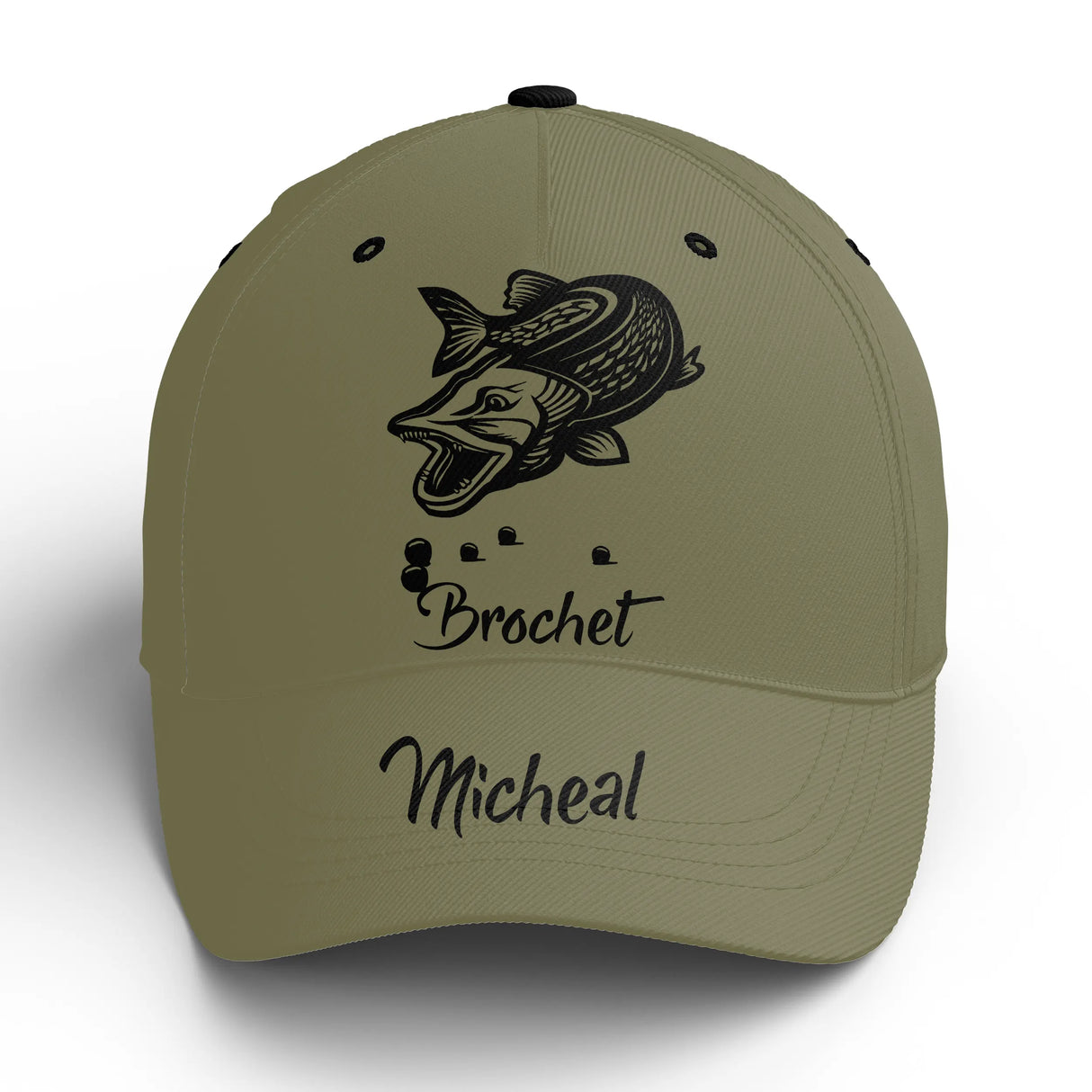 Casquette pêche brochet vert kaki brochet saut prénom broderie côté pêcheur carnassier personnalisée