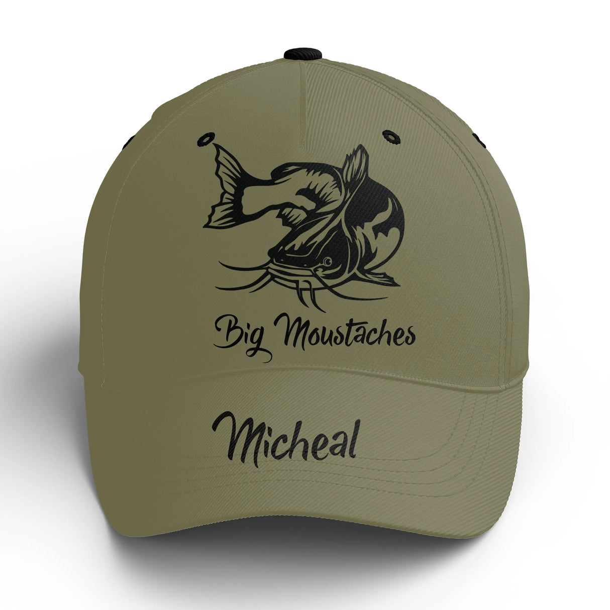 Casquette pêche silure kaki silure stylisé prénom côté broderie pêcheur carnassier personnalisée