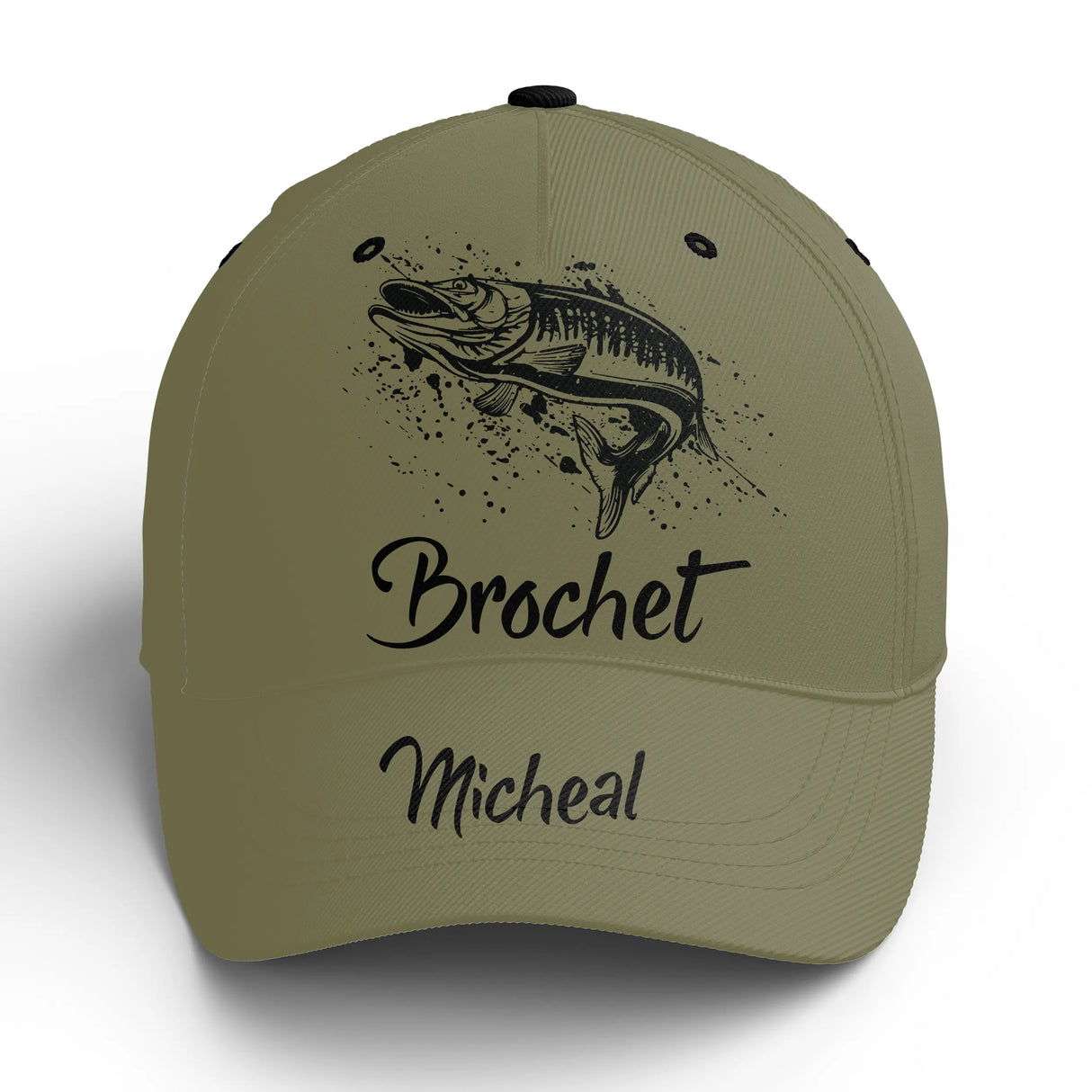 Casquette pêche brochet vert kaki Big Moustaches brochet attaque prénom broderie pêcheur personnalisée