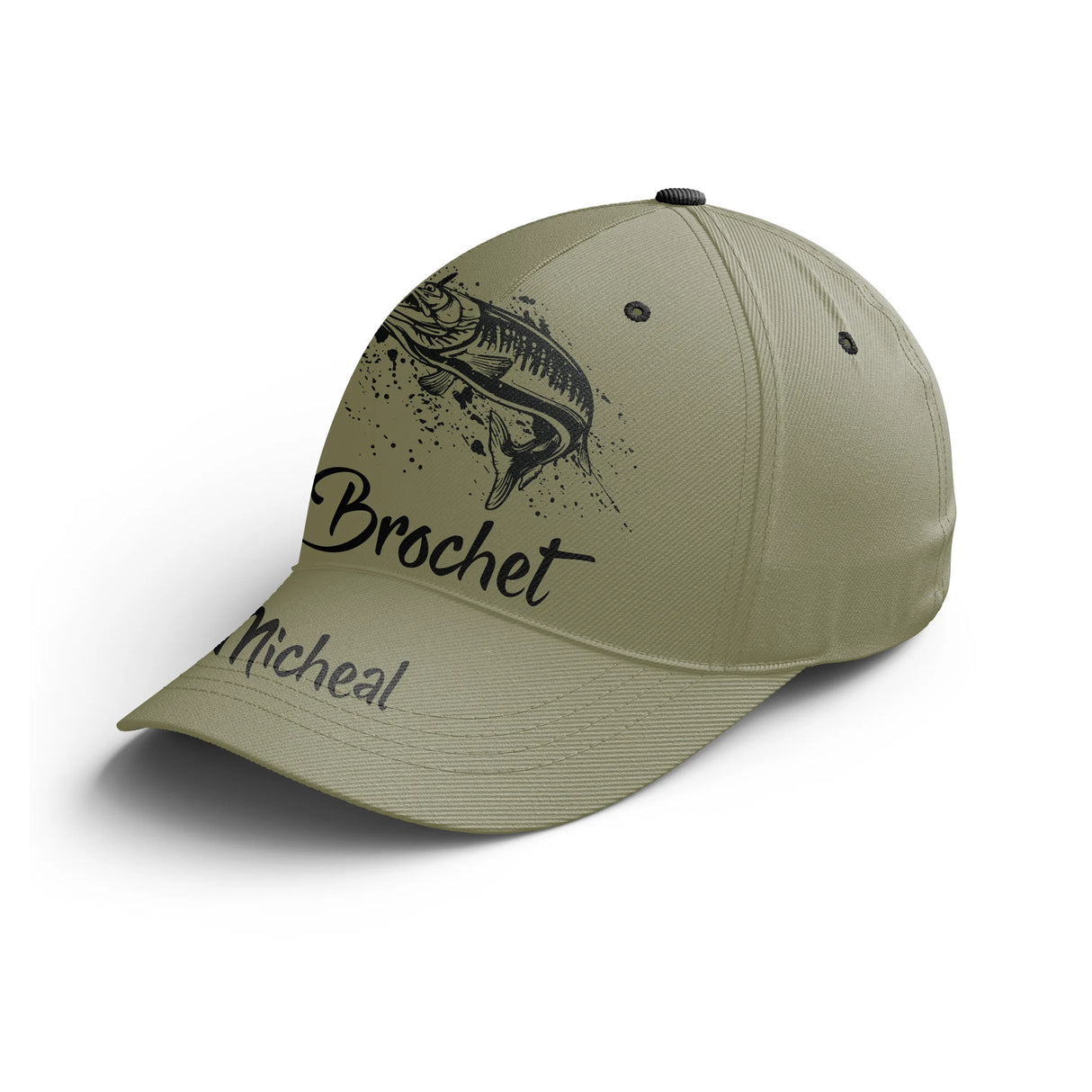 Casquette pêche brochet kaki Big Moustaches brochet stylisé prénom côté broderie pêcheur personnalisée