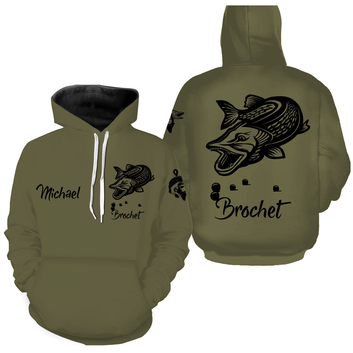 Sweat capuche pêche brochet all-over fond kaki olive motif brochet silhouette noire prénom logo personnalisés