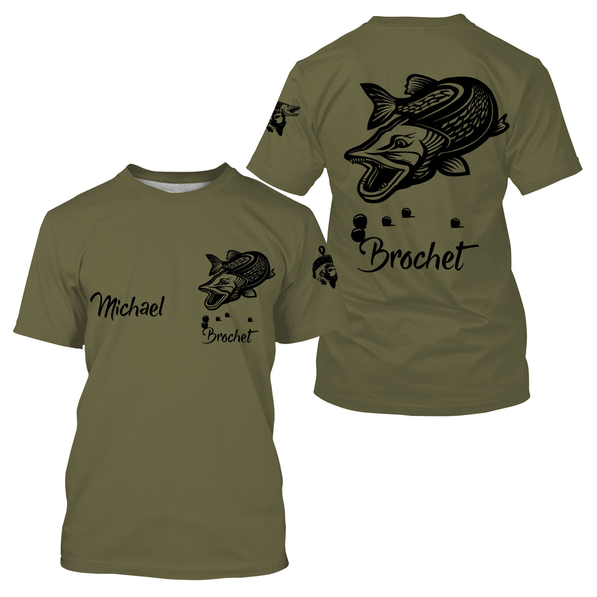T-shirt pêche brochet all-over fond kaki olive motif brochet silhouette noire encrée prénom logo texte personnalisés