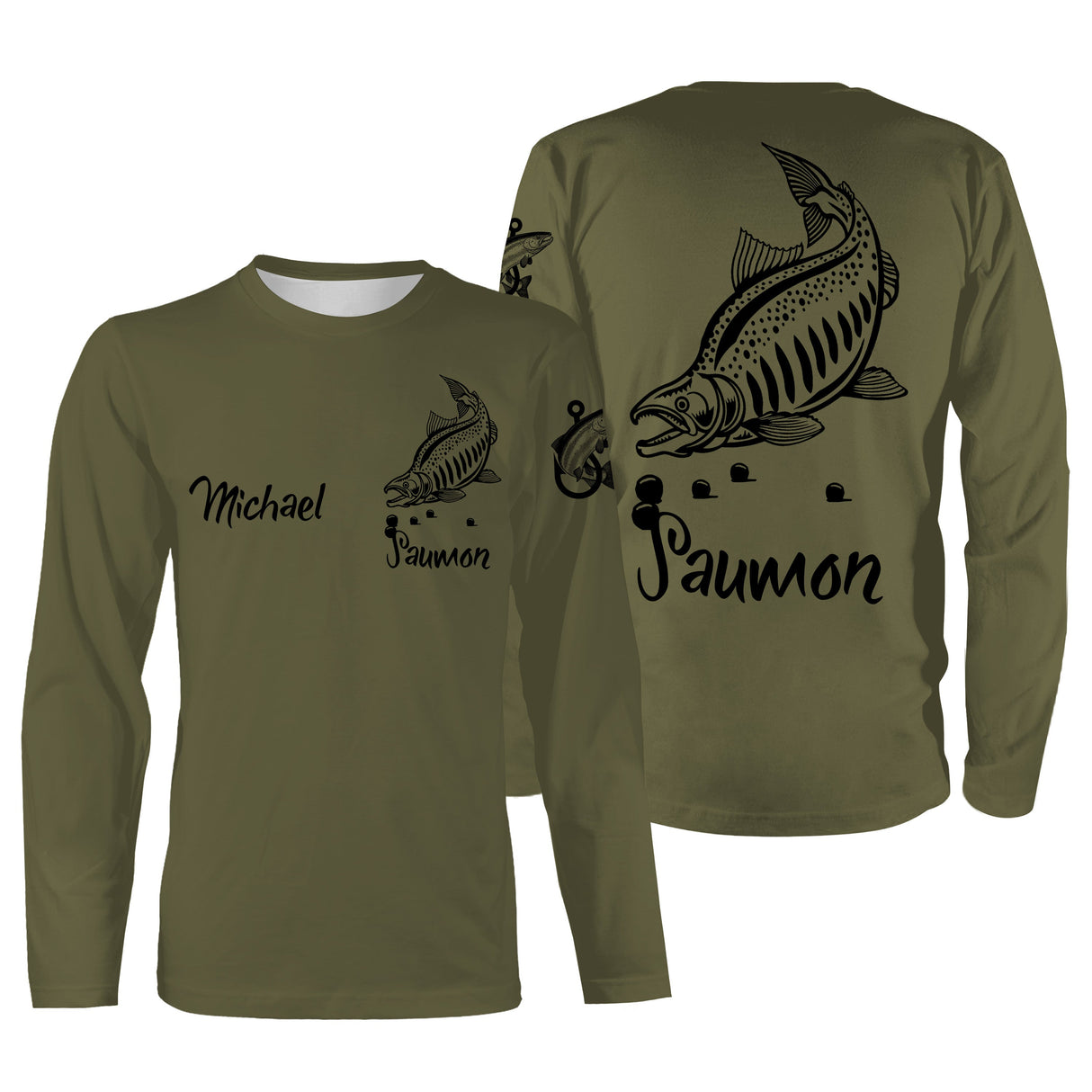 T-shirt manches longues pêche saumon all-over fond kaki olive motif saumon silhouette noire prénom personnalisé