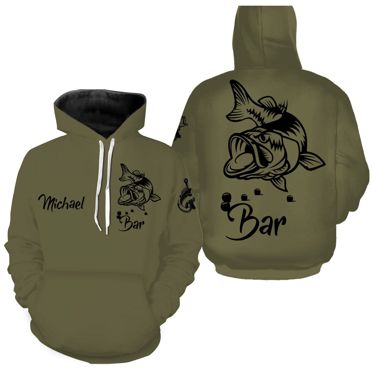 Sweat capuche pêche bar vert kaki loup de mer prénom personnalisable poche kangourou