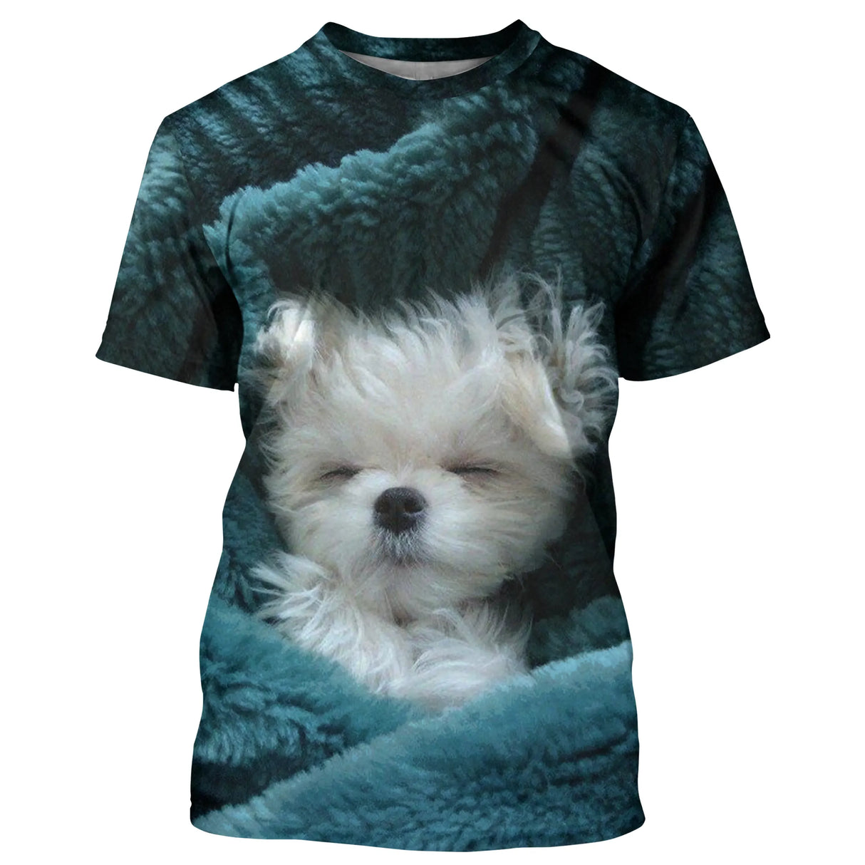 T-shirt chien 3D bleu canard avec Bichon Maltais blanc endormi sur tissu texturé, all-over photoréaliste