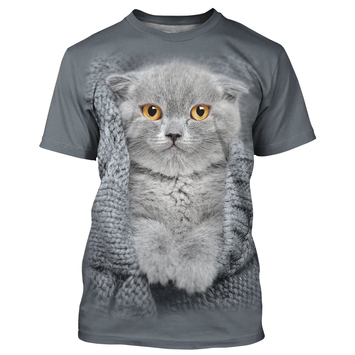 T-shirt chat 3D gris avec chaton Scottish Fold dans pull tricot gris, yeux dorés, all-over photoréaliste