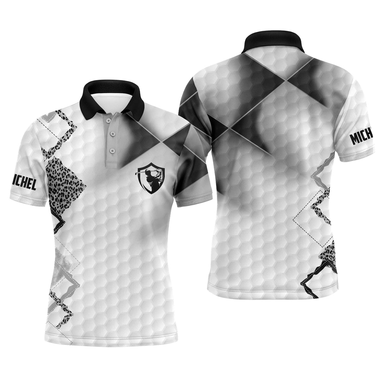Polo golf homme blanc texture balle de golf inserts noirs épaules médaillon shield central zone prénom manche personnalisé