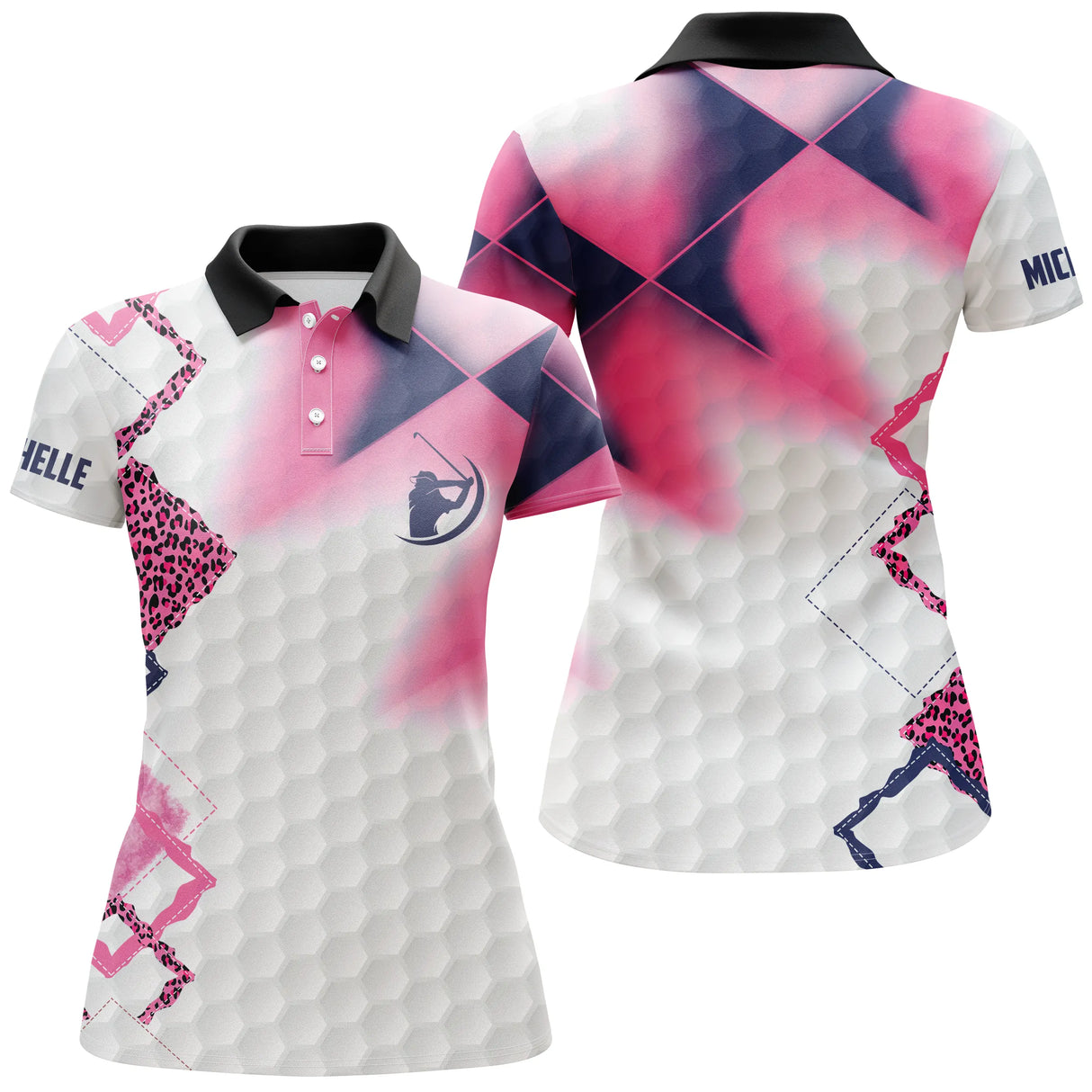Polo golf femme blanc inserts noirs médaillon shield zone prénom manche coupe cintrée tissu respirant
