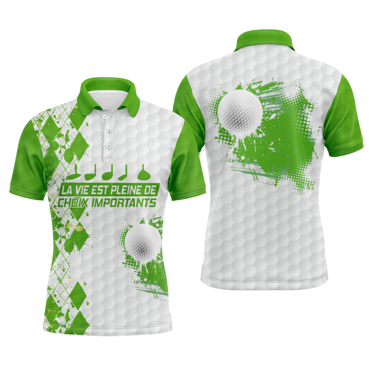 Polo golf homme argyle vert prairie losanges damier clubs alignés slogan La Vie Pleine Choix éclats balle