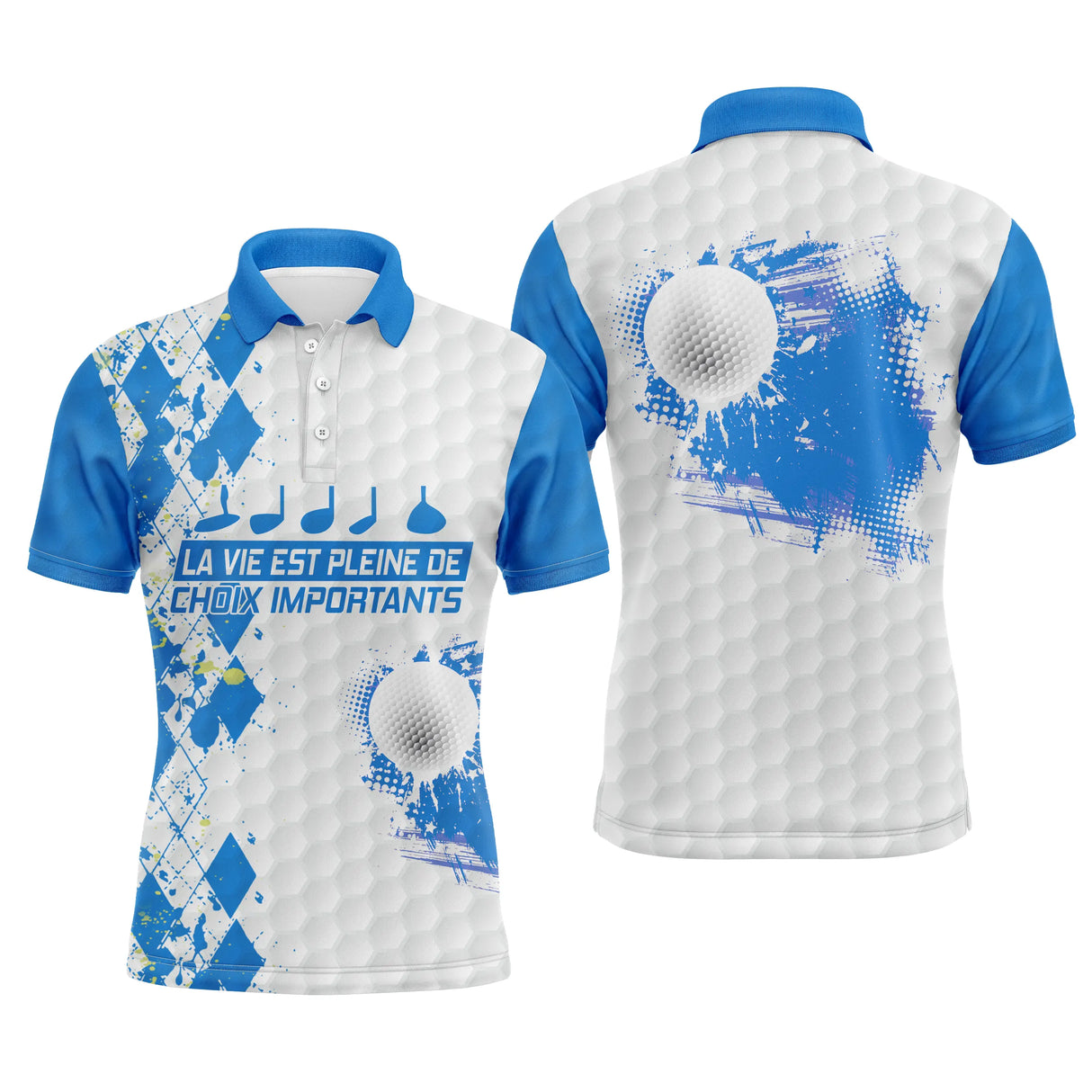 Polo golf homme argyle turquoise losanges damier clubs alignés slogan La Vie Pleine Choix éclats balle