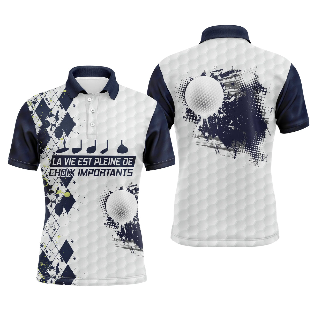 Polo golf homme argyle bleu marine losanges damier clubs alignés slogan La Vie Pleine Choix Importants éclats balle