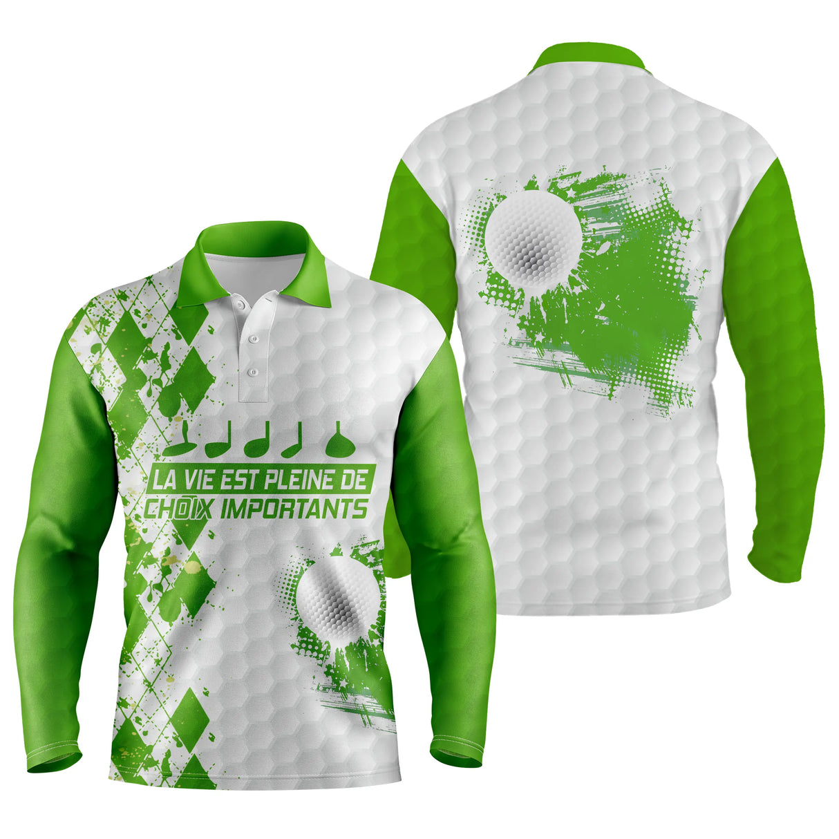 Polo de golf manches longues argyle blanc et turquoise avec lettrage Vie Pleine et balles splash