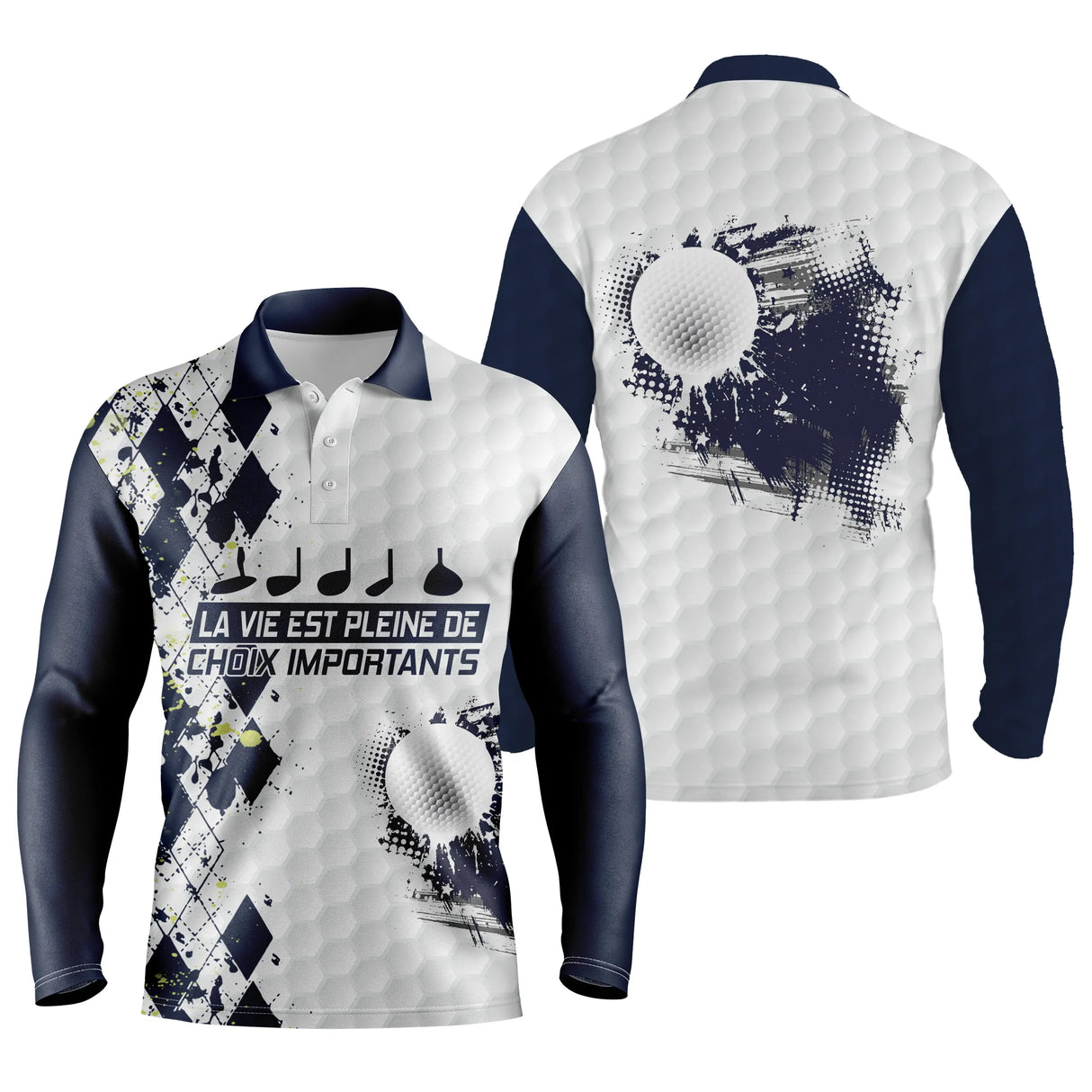 Polo de golf manches longues argyle blanc et bleu marine avec lettrage Vie Pleine De Choix et balles splash
