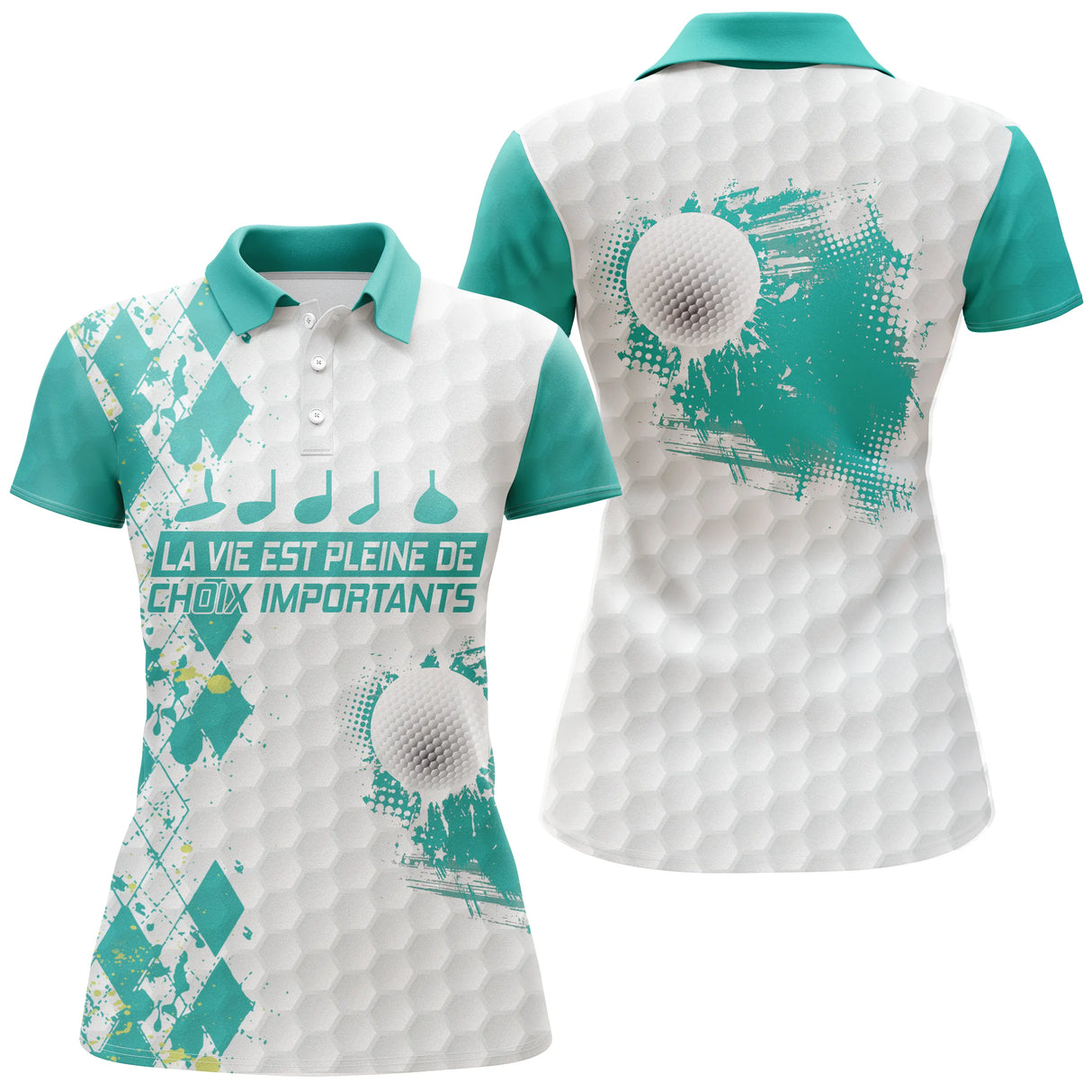 Polo golf femme argyle bleu royal losanges damier clubs alignés slogan La Vie Pleine Choix coupe cintrée