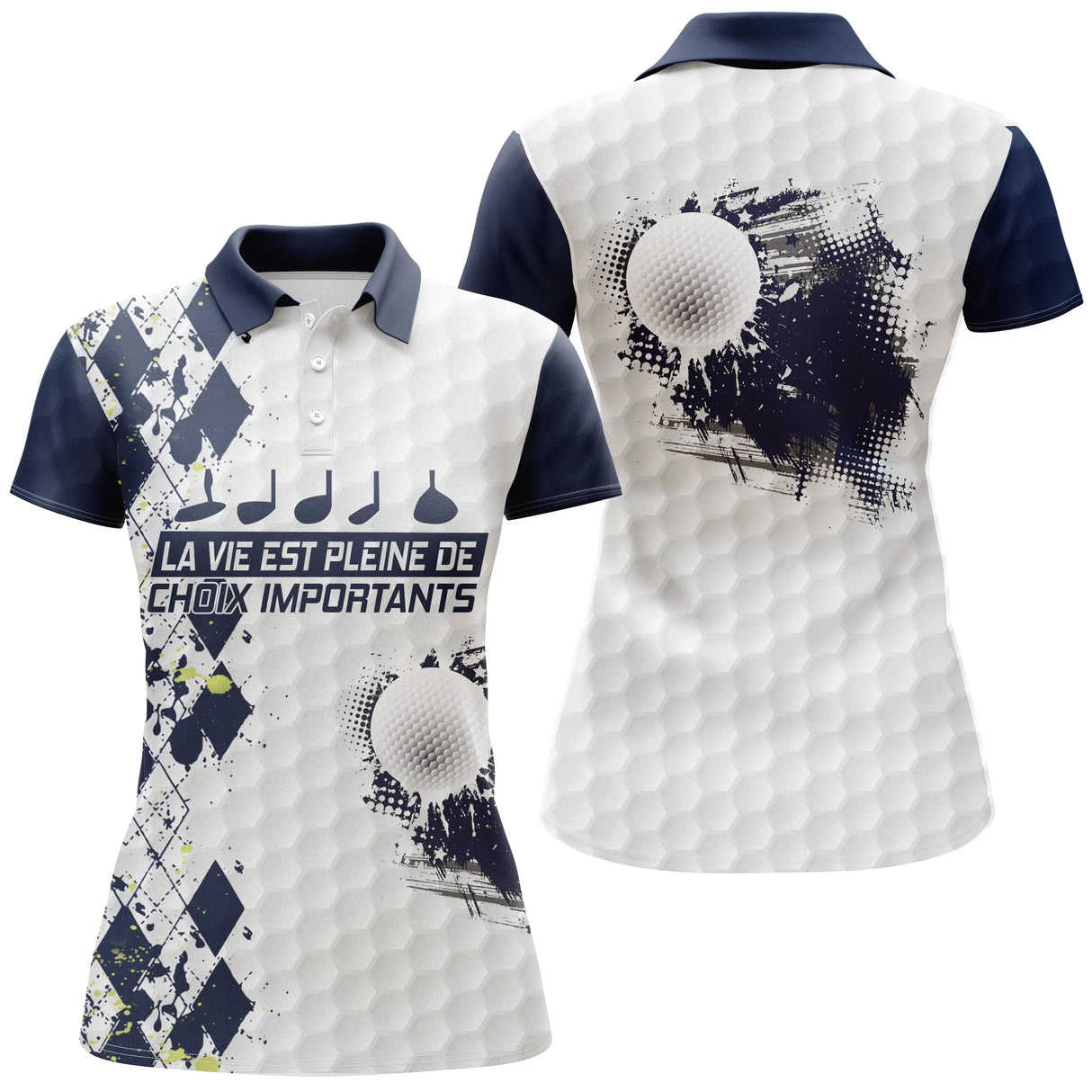 Polo golf femme argyle bleu marine losanges damier clubs alignés slogan La Vie Pleine Choix coupe cintrée