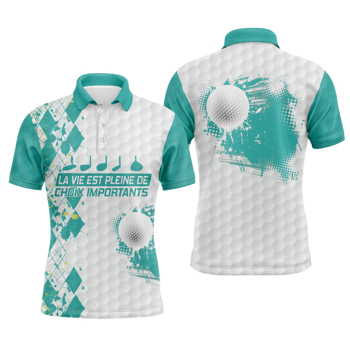 Polo golf homme argyle bleu royal losanges damier clubs alignés slogan La Vie Pleine Choix Importants éclats balle