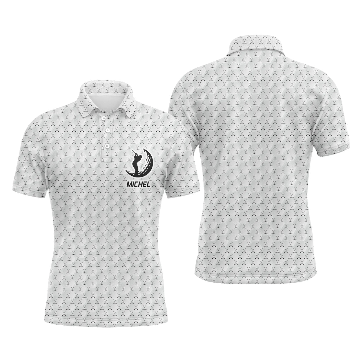 Polo golf homme blanc texture balle de golf all-over médaillon central golfeur swing zone prénom Michel coupe ajustée