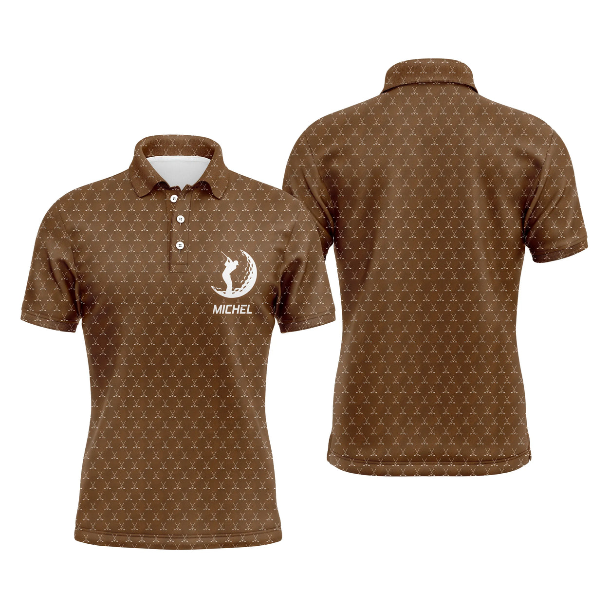 Polo golf homme bleu marine texture balle de golf all-over médaillon central golfeur swing prénom personnalisé