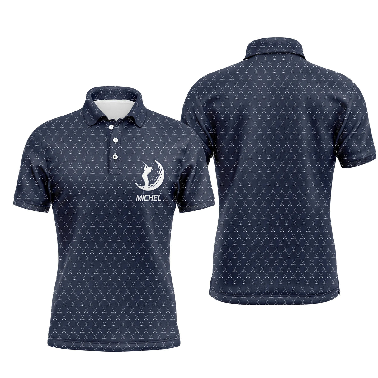 Polo golf homme marron terre texture balle de golf all-over médaillon central golfeur swing prénom personnalisé
