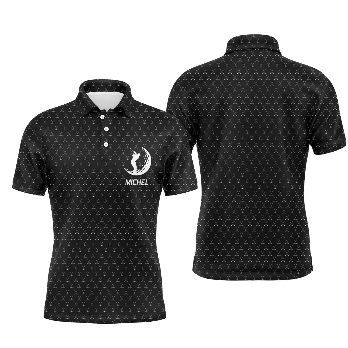 Polo golf homme noir intense texture balle de golf all-over médaillon central golfeur swing prénom personnalisé