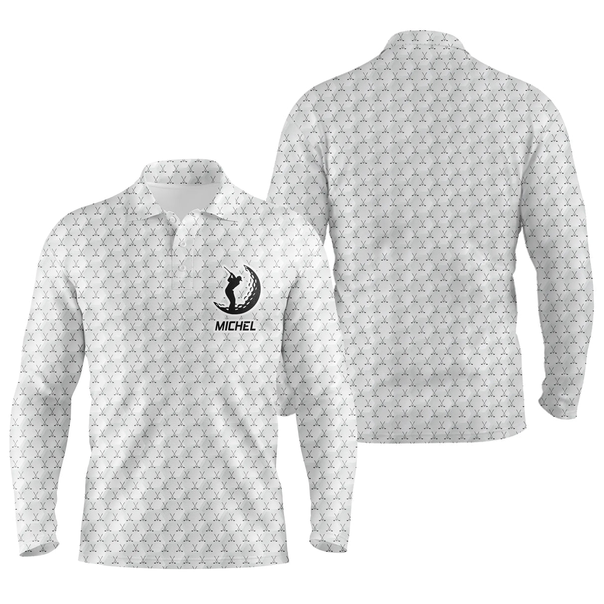 Polo de golf manches longues blanc texturé balle avec emblème central balle et clubs et prénom personnalisé