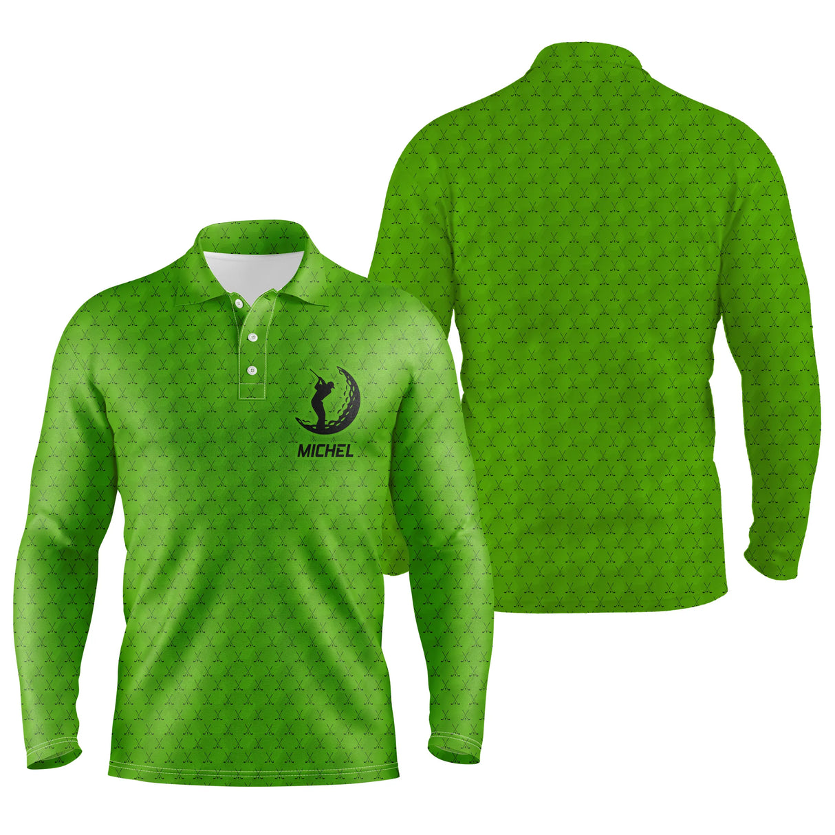 Polo de golf manches longues bleu marine avec emblème balle clubs et prénom appliqué