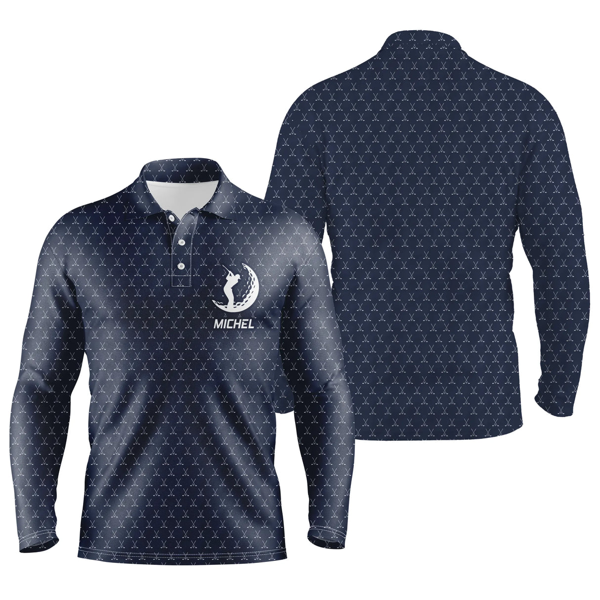 Polo de golf manches longues marron avec emblème central balle et clubs croisés