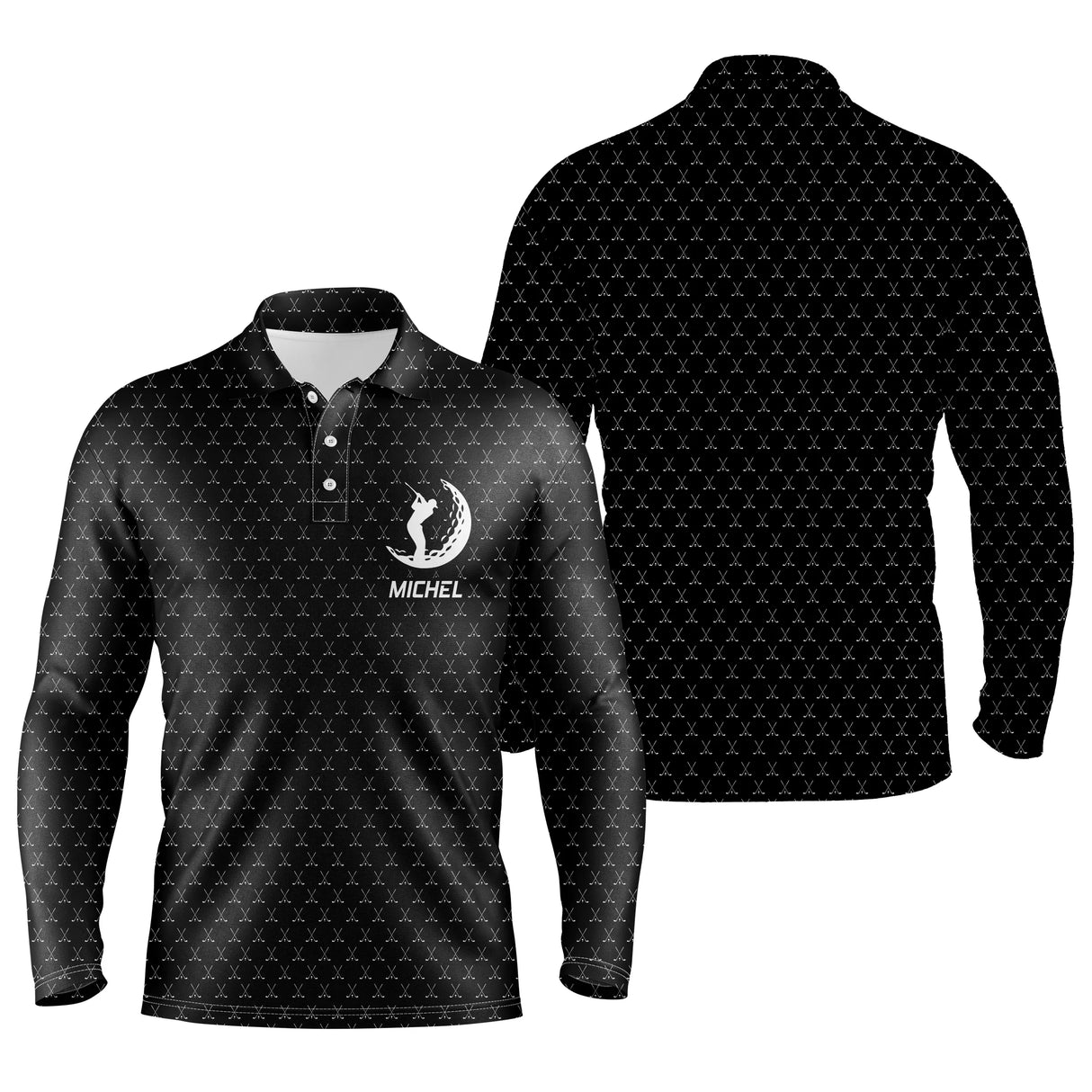 Polo de golf manches longues noir avec emblème balle de golf et prénom personnalisé