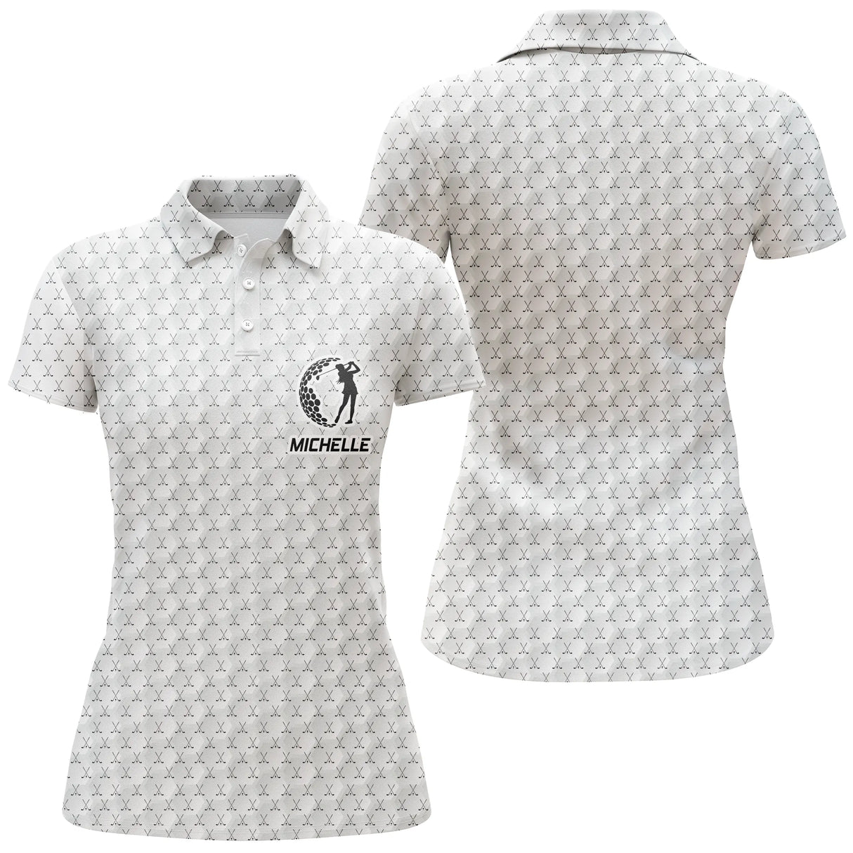 Polo golf femme blanc texture balle de golf médaillon central golfeur swing prénom personnalisé coupe cintrée