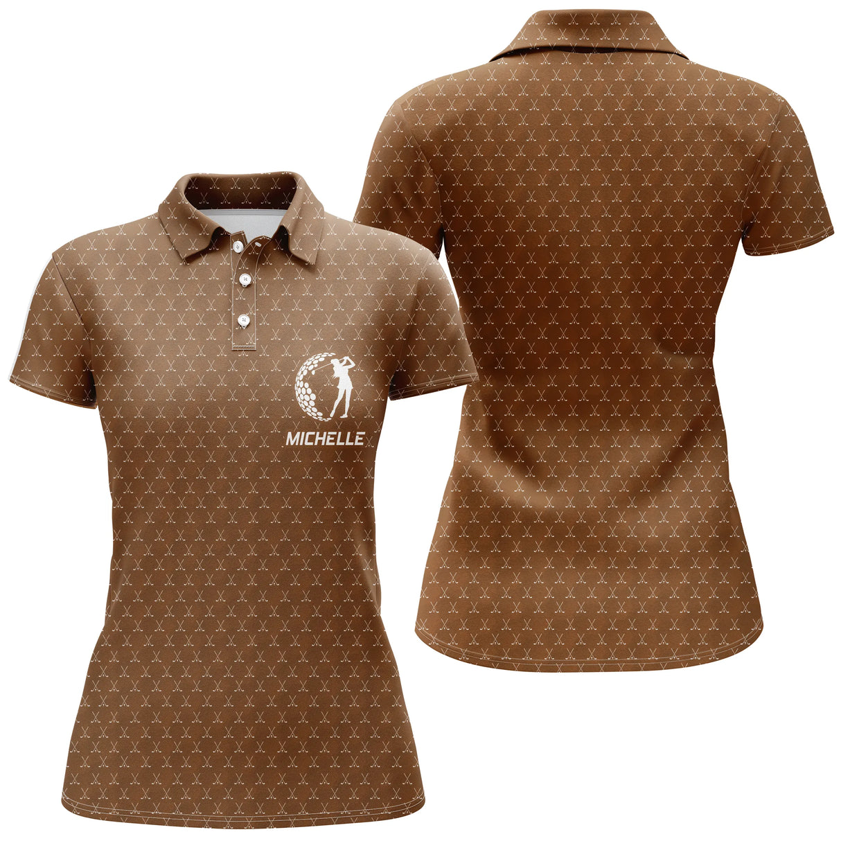 Polo golf femme bleu marine texture balle de golf médaillon central golfeur prénom personnalisé coupe cintrée