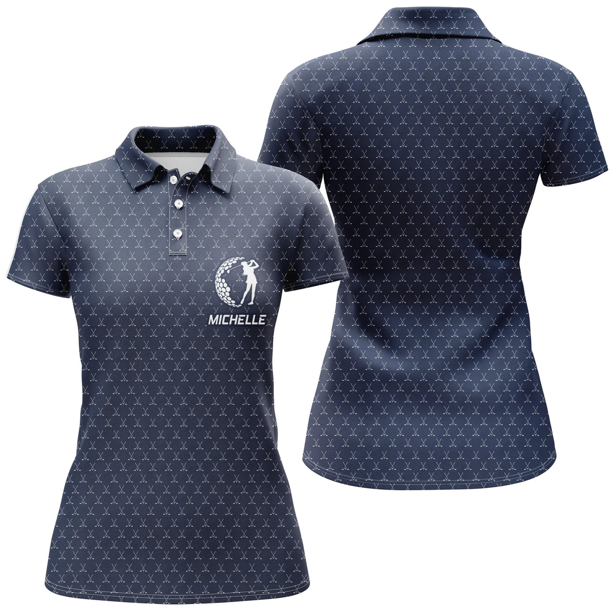 Polo golf femme marron terre texture balle de golf médaillon central golfeur prénom personnalisé coupe cintrée