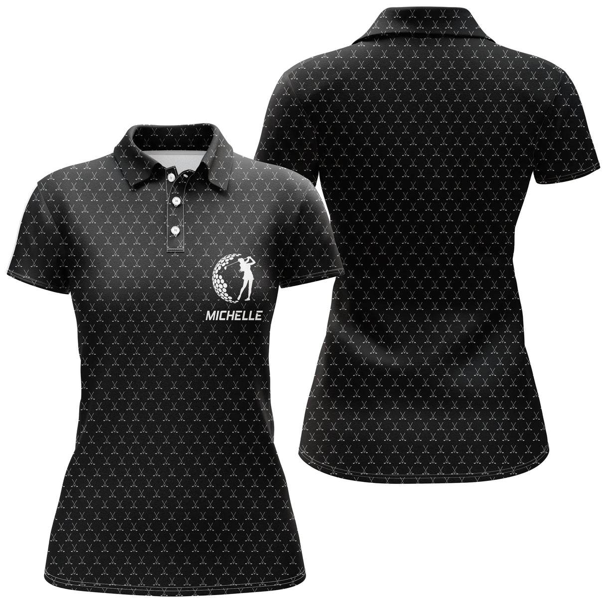 Polo golf femme noir intense texture balle de golf médaillon central golfeur prénom personnalisé coupe cintrée