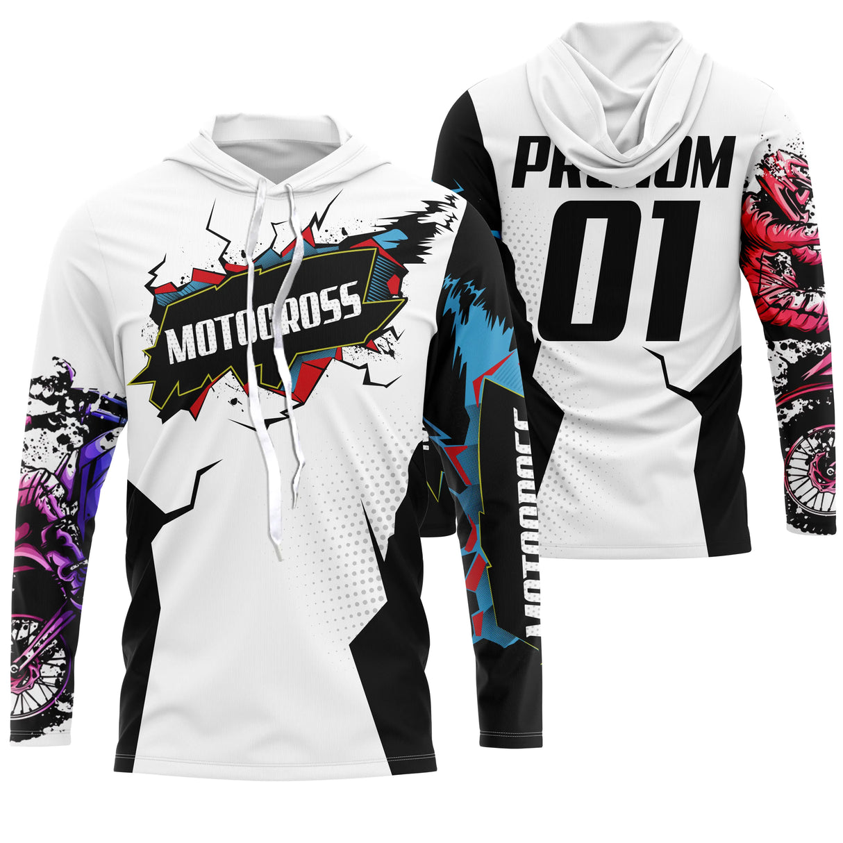 Anti-UV à capuche motocross violet noir, design dirt bike personnalisé original pour pilote