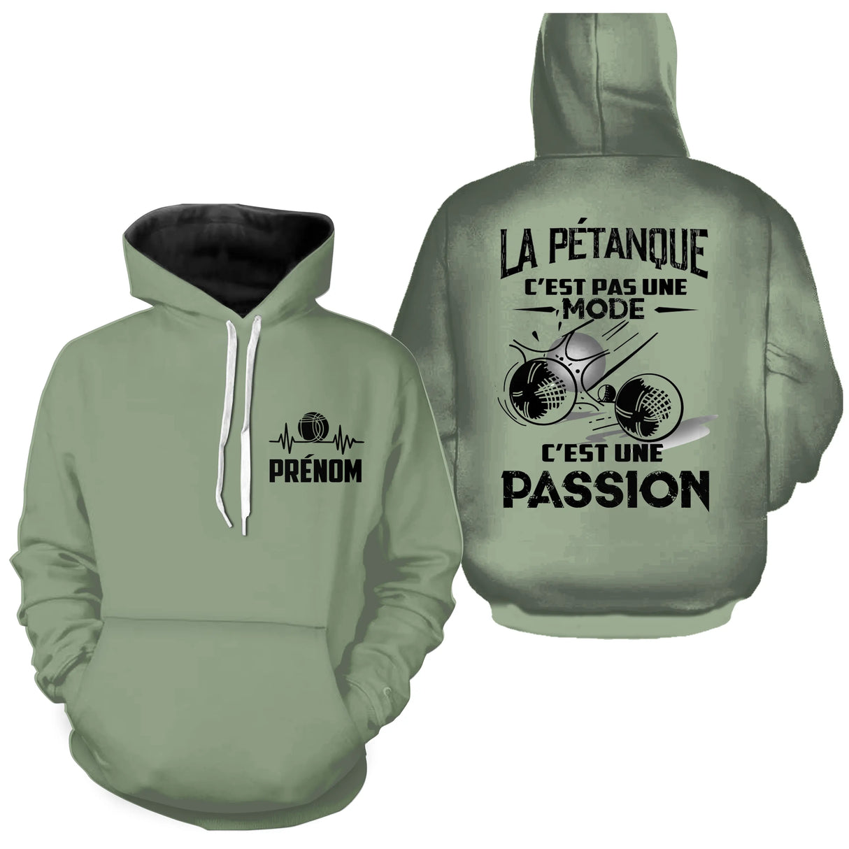 Sweat à capuche pétanque vert avec slogan La Pétanque c'est une Passion et boules stylisées