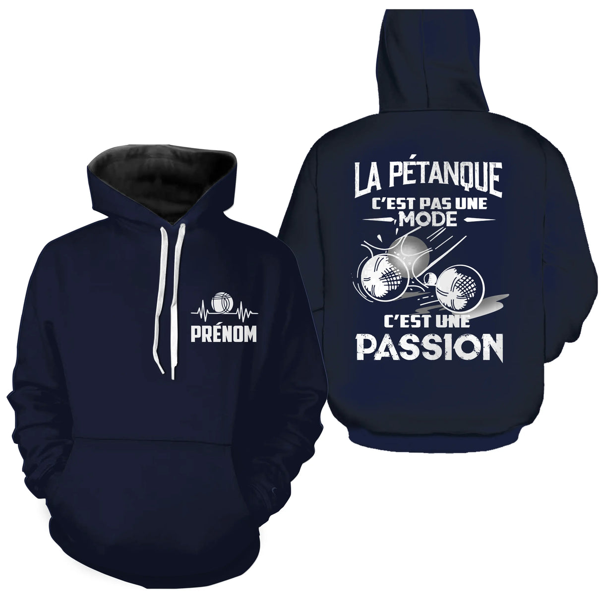 Sweat à capuche pétanque marine slogan La Pétanque c'est une Passion boules en collision