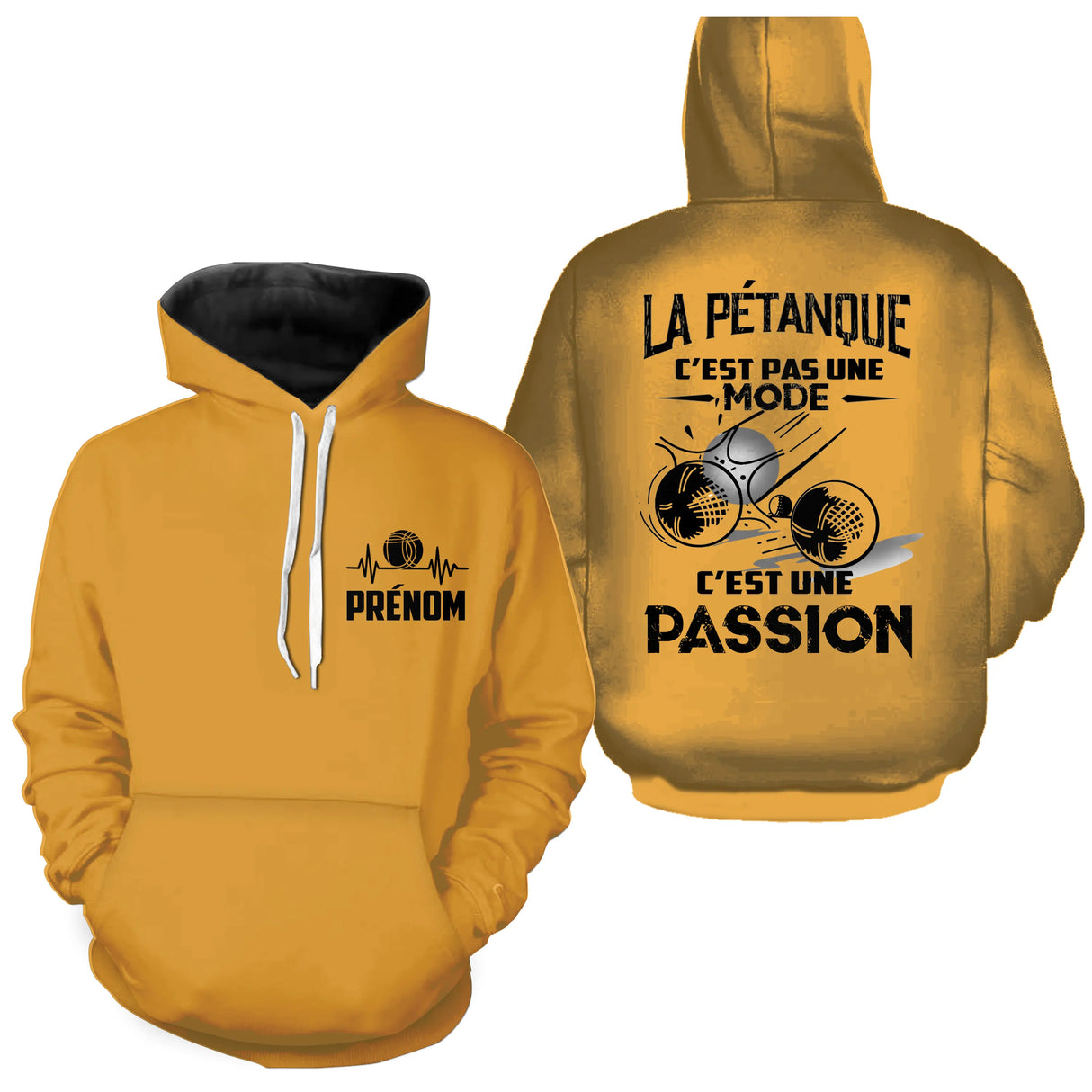 Sweat à capuche pétanque jaune avec slogan Passion typographie blanche et boules en collision