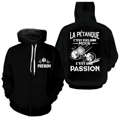 Sweat à Capuche Personnalisé Pétanque - Passion & Style Unique - A180325 - Sweat à capuche zippée noir