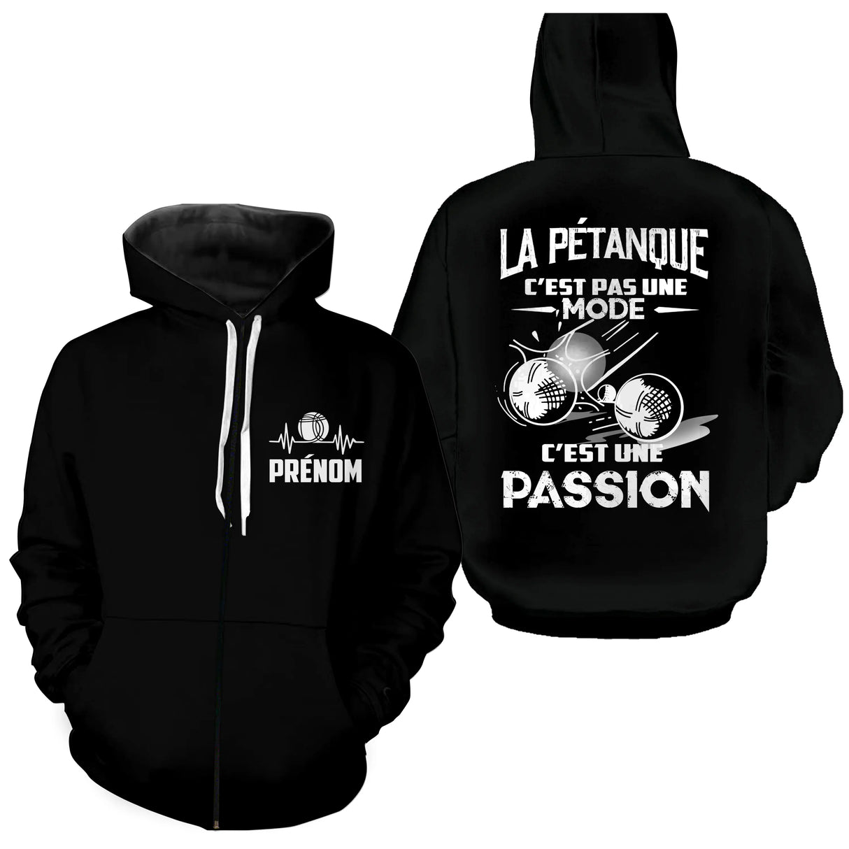 Sweat zippé pétanque noir avec slogan La Pétanque c'est une Passion typographie blanche